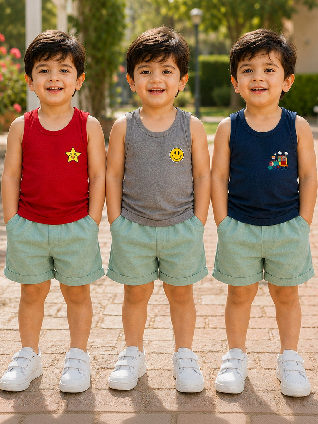 KidBee Kids Pack Of 3 Printed Round Neck Pure Cotton Basic Vests