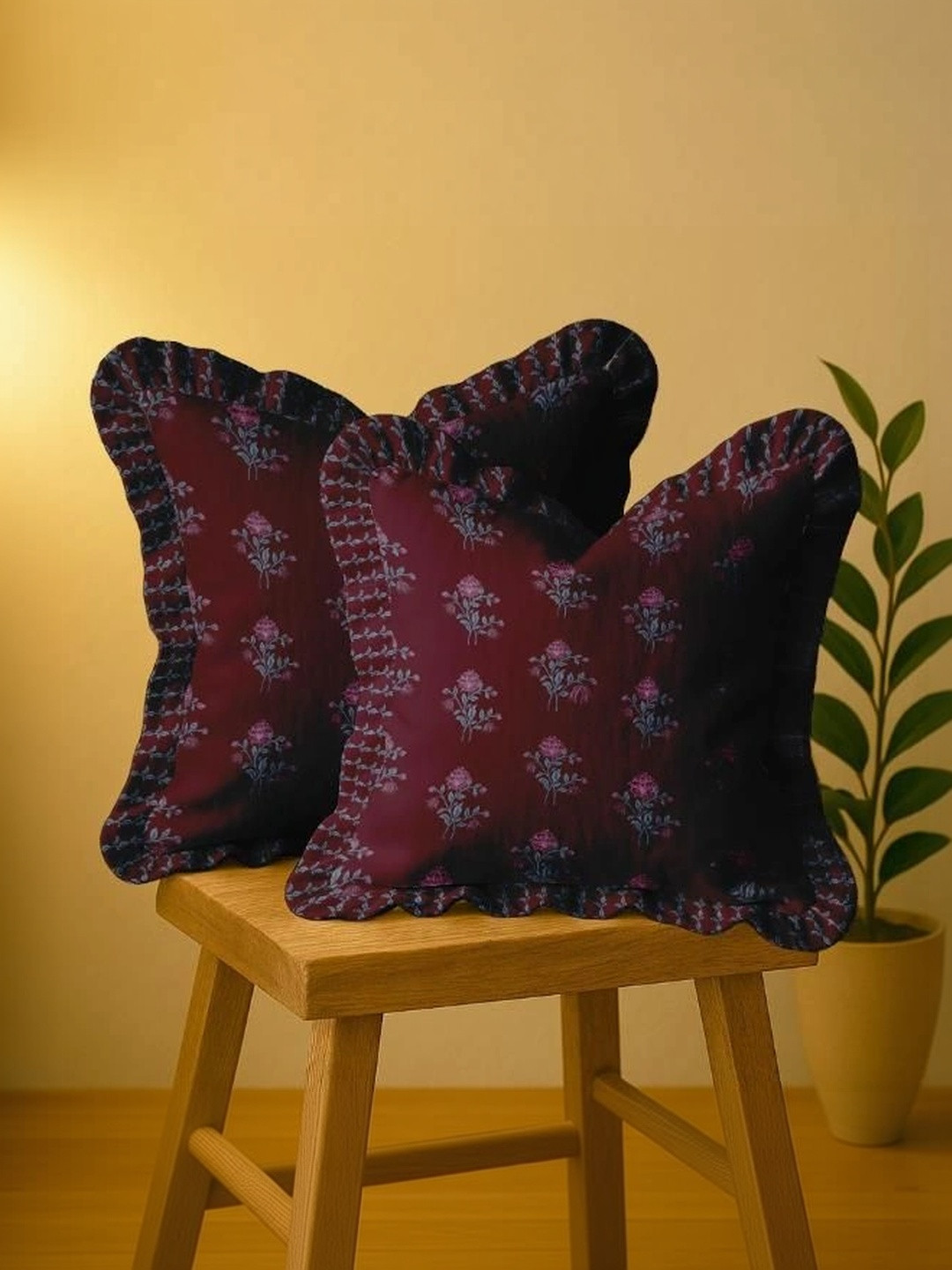 Vargottam Burgundy Set of 2 Floral Square Cushion Covers