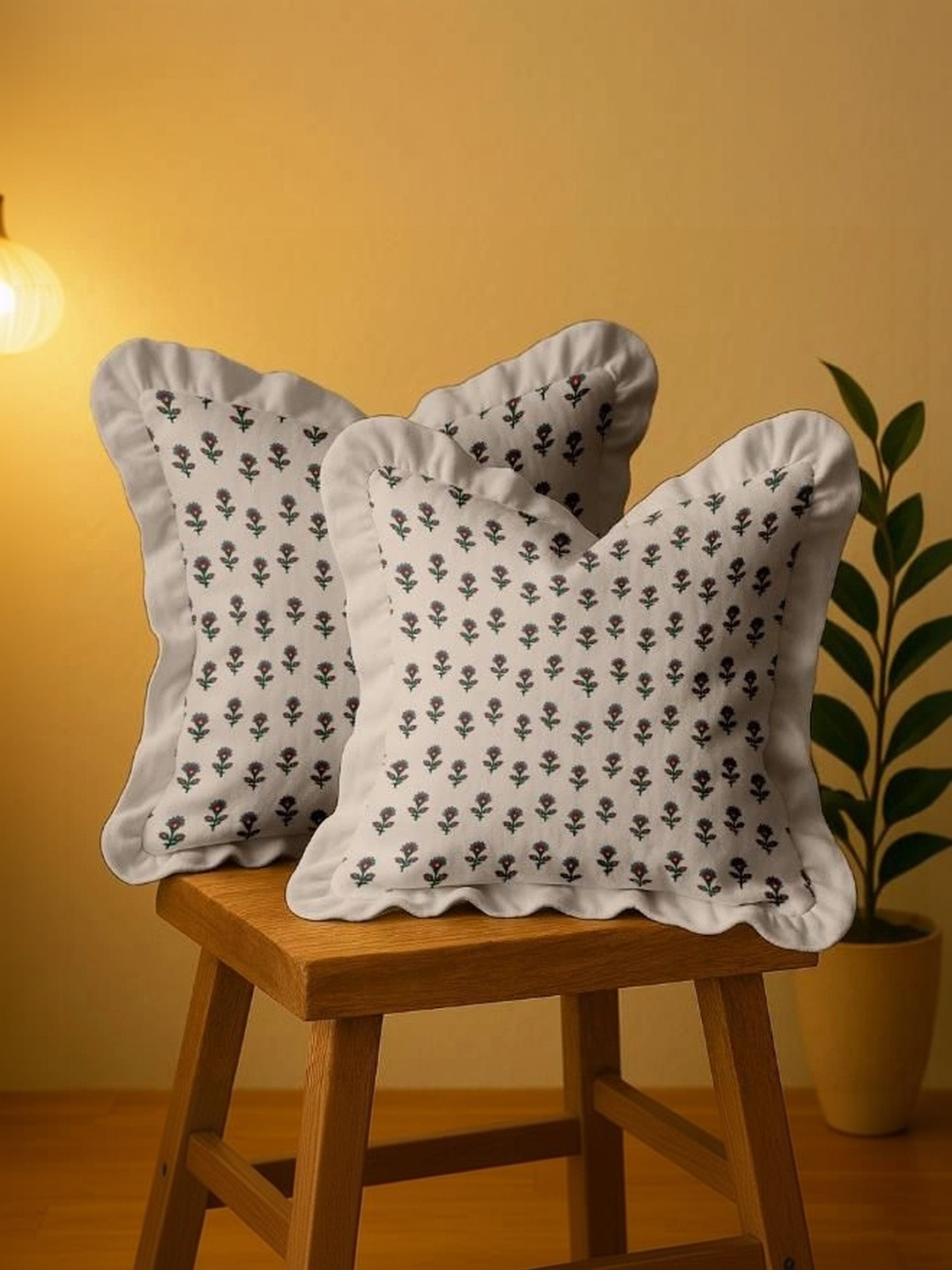 Vargottam Beige Set of 2 Floral Square Cushion Covers