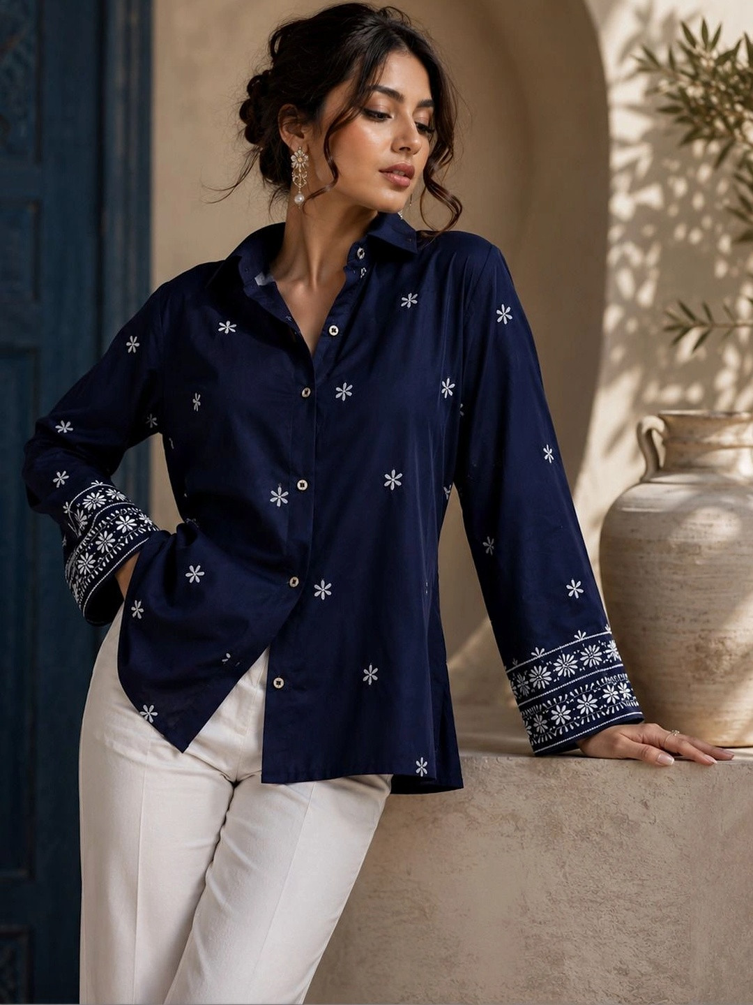 Embroidered Ethnic Motif Shirt Collar Top