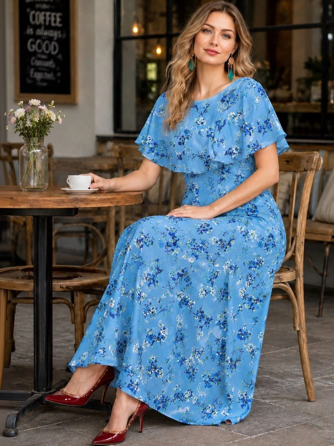 KASHIANXSTYLE Floral Print Flutter Sleeve Ruffled Crepe A-Line Maxi Dress