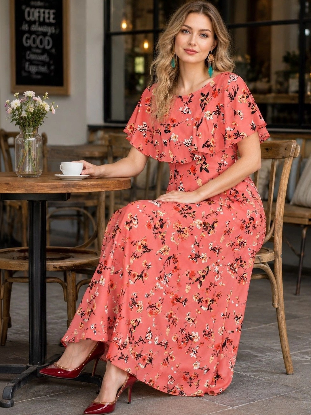 KASHIANXSTYLE Floral Print Flutter Sleeve Ruffled Crepe Maxi Dress