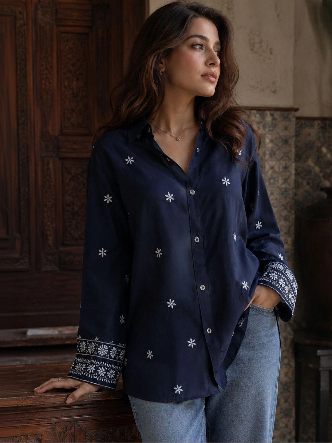Embroidered Ethnic Motif Shirt Collar Top