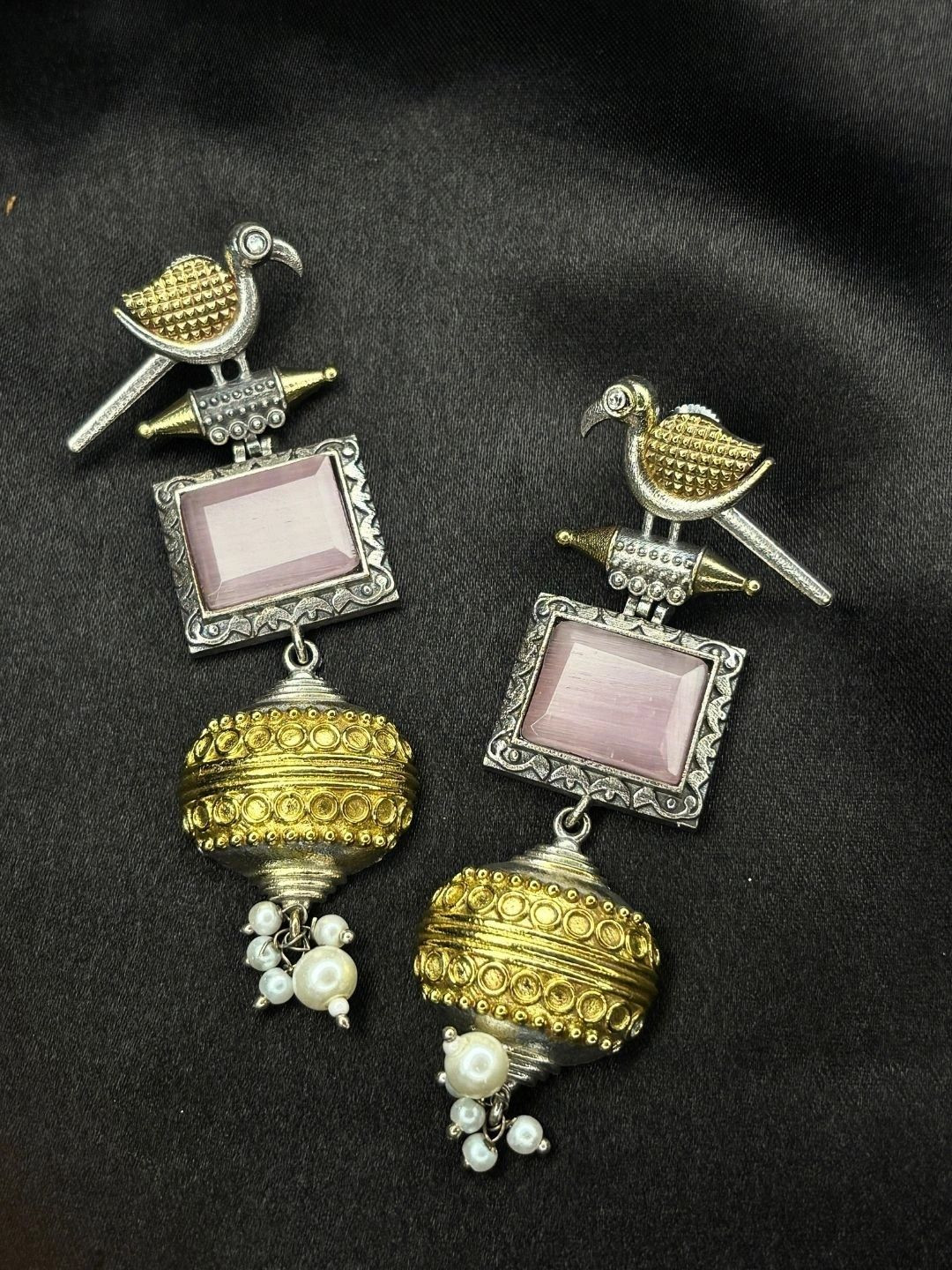 VIVAZS Silver & Gold Dual-Plated Oxidised Long Pink Stone Contemporary Bird Jhumkas Earrings