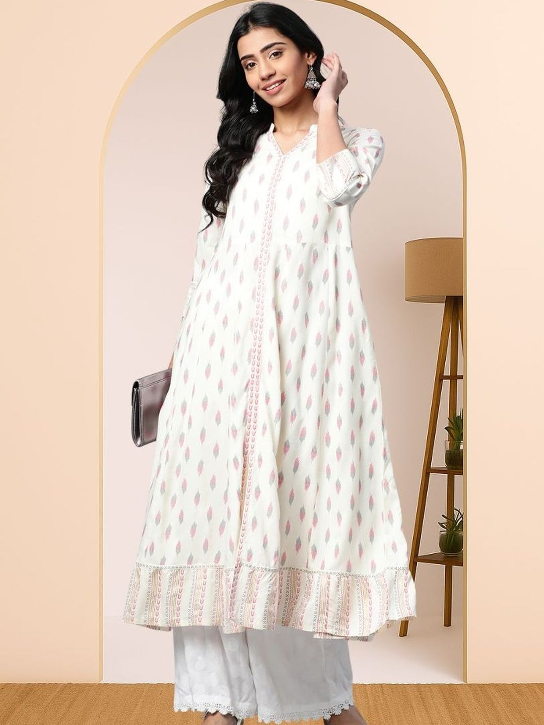 KALINI Women White Viscose Rayon Anarkali Kurtas