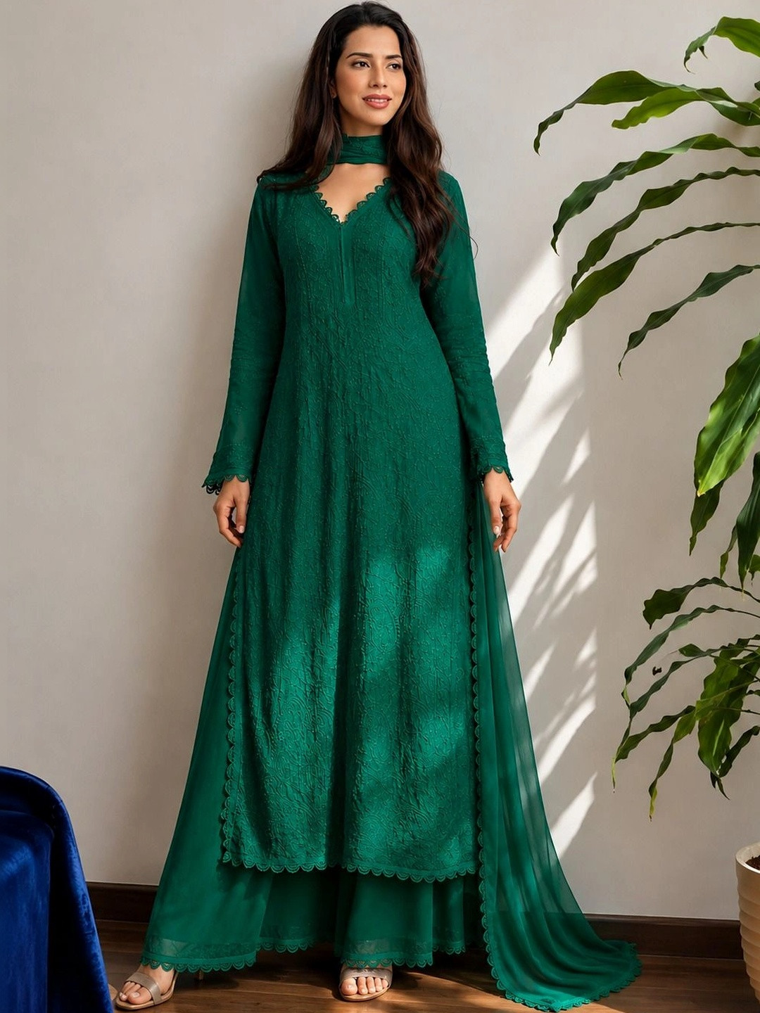 Maeswag Women Ethnic Motifs Embroidered Regular Thread Work Kurta with Palazzos & With Dupatta