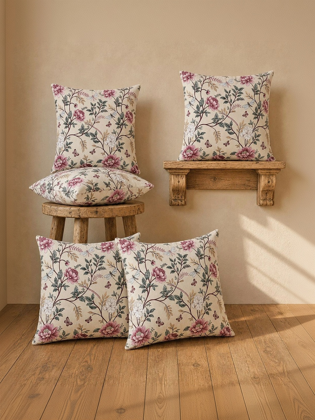 Clasiko Mauve & Pink Set of 5 Floral Square Cushion Covers