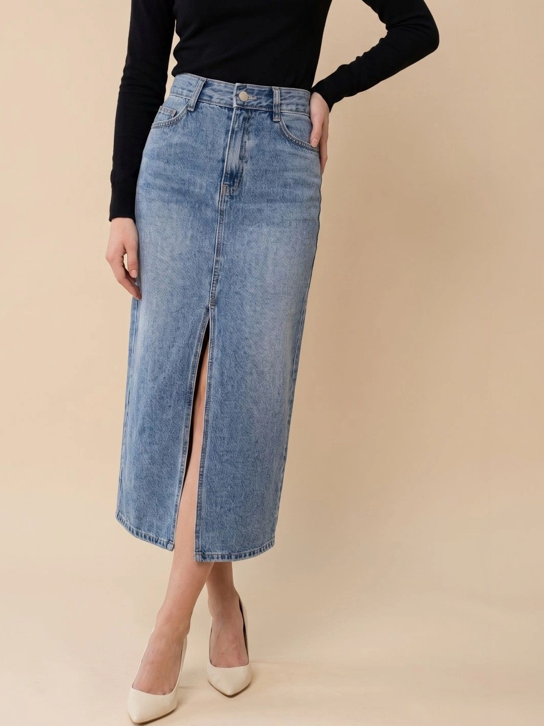 MAKPAK Women Denim Washed Front Slit Midi Straight Skirt