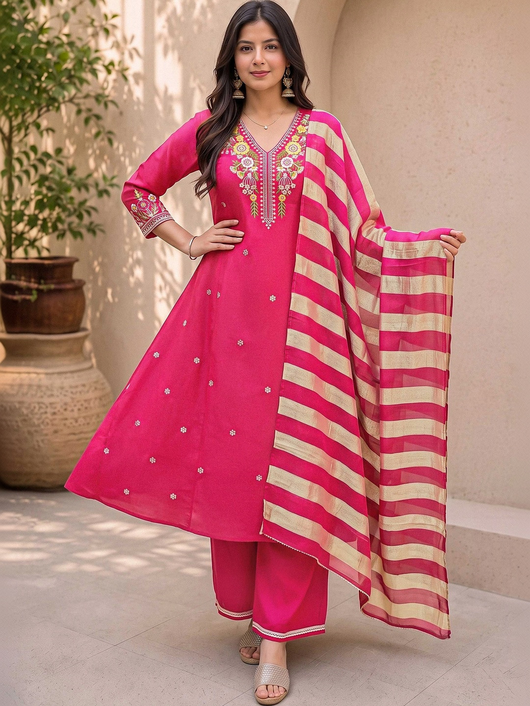 Moda Rapido Women Embroidered Thread Work Raw Silk Kurta with Palazzos & With Dupatta