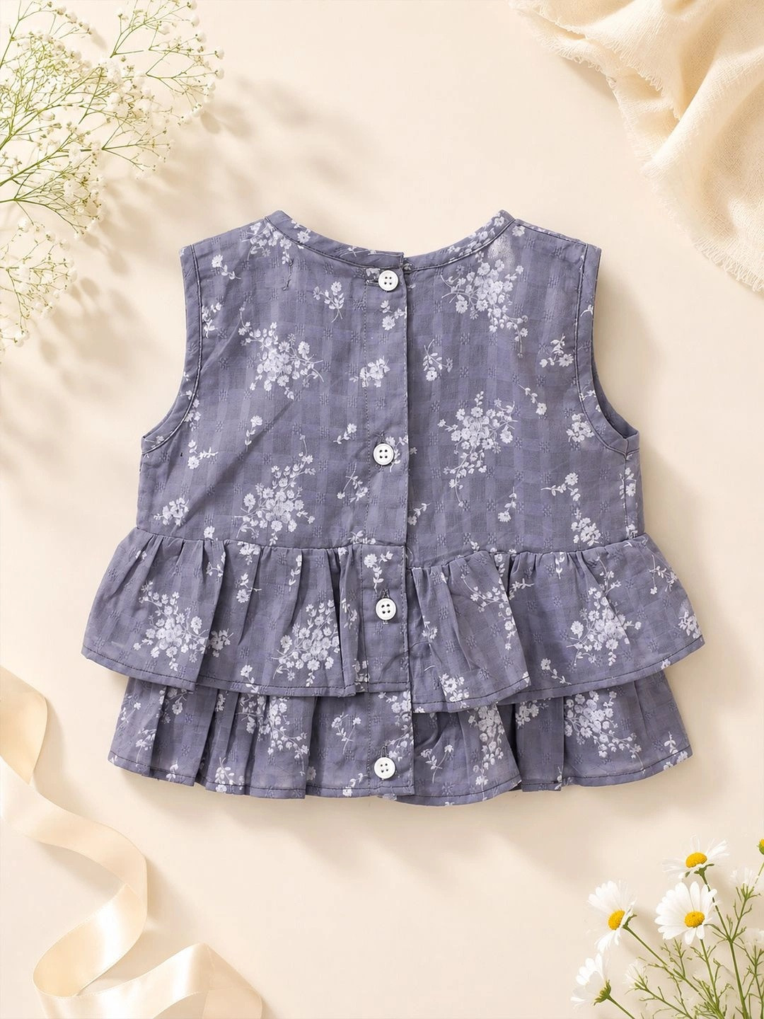 Woonie Floral Print Ruffles Cotton Tiered Top