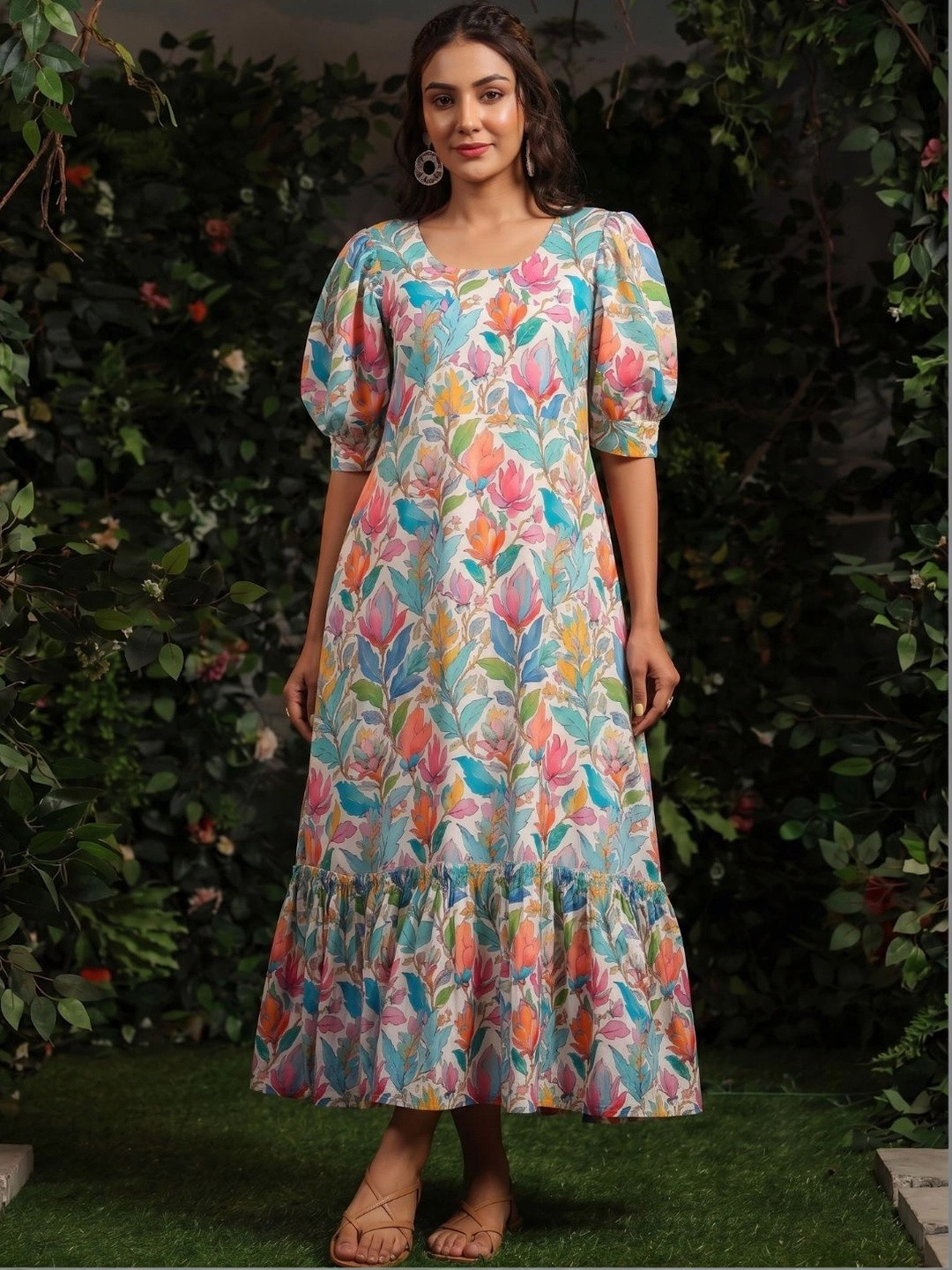 Navlik Floral Print Puff Sleeve Ruffled Maxi Dress