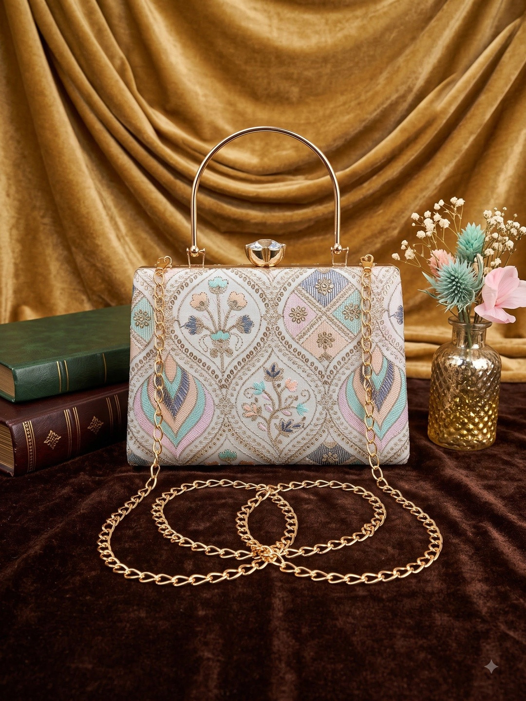 MEYYAS Embroidered Embellished Box Clutch