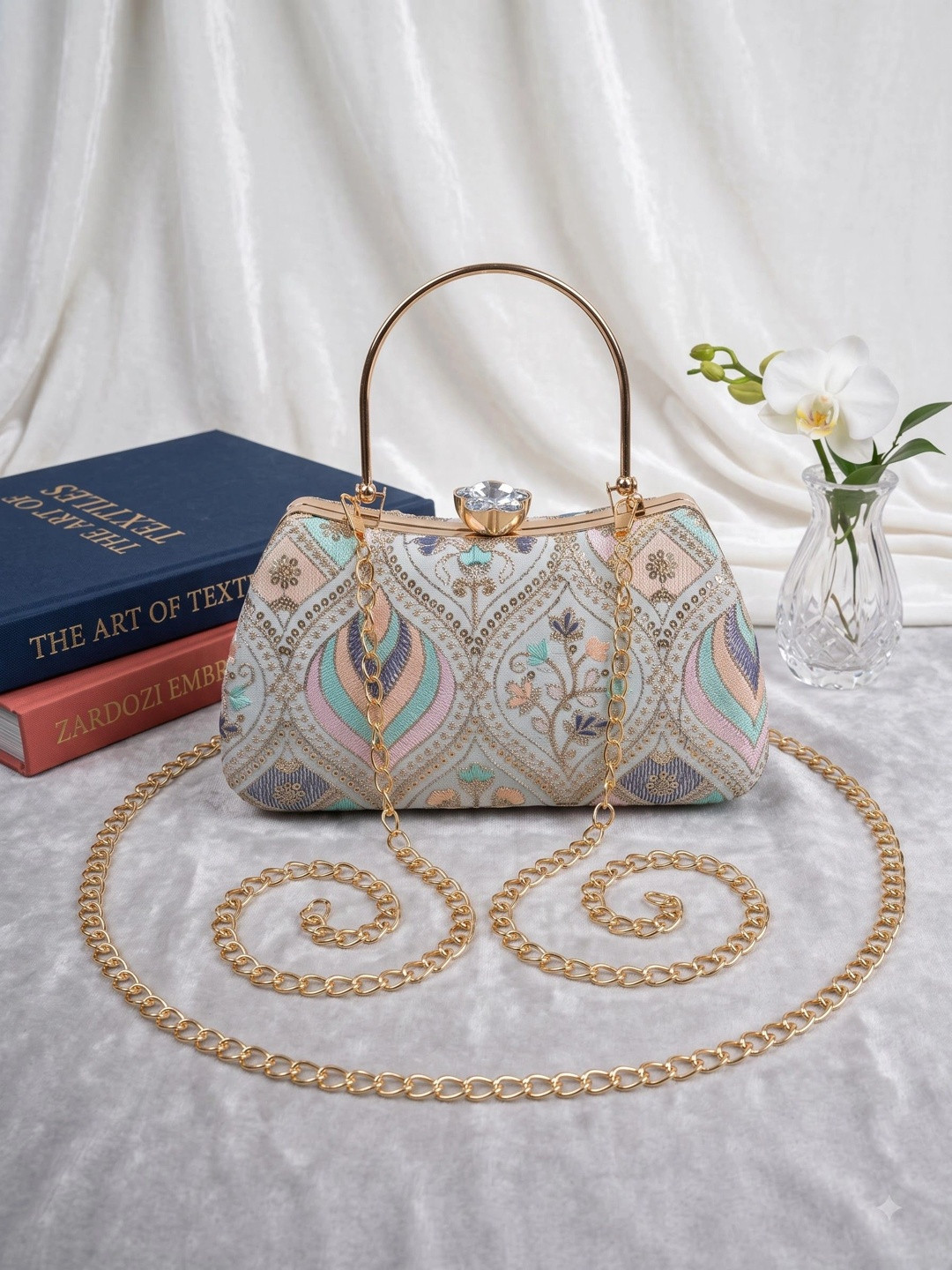 MEYYAS Embroidered Embellished Box Clutch