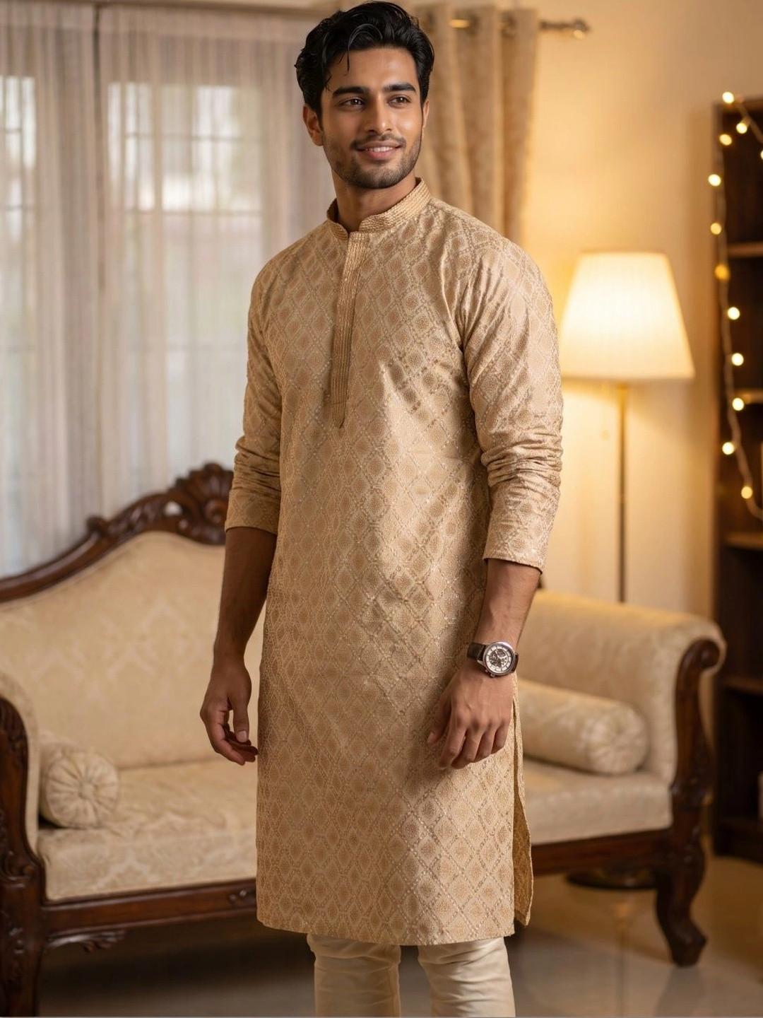 KISAH Men Foil Printed Zari Regular Fit Kurta