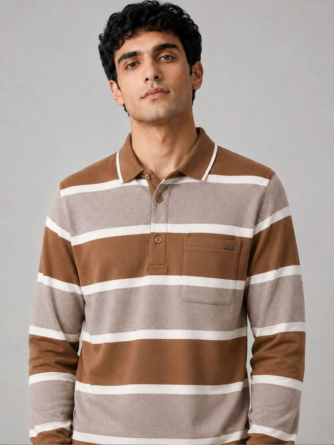 Monk Mode Men Cotton Striped Printed Polo Collar Pockets T-shirt
