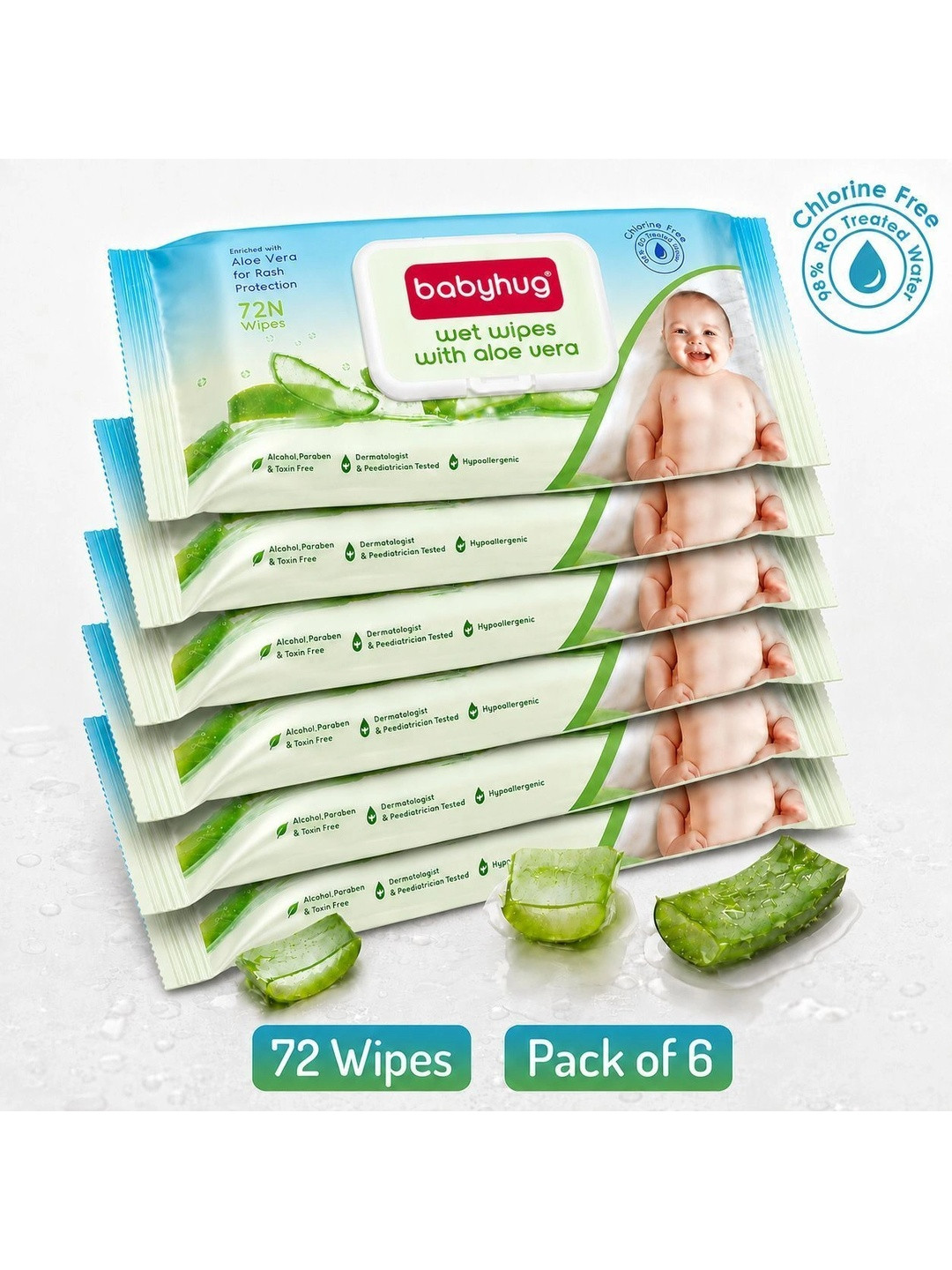 Babyhug Set Of 6 Aloe Vera Wet Wipes - 72Pcs Each