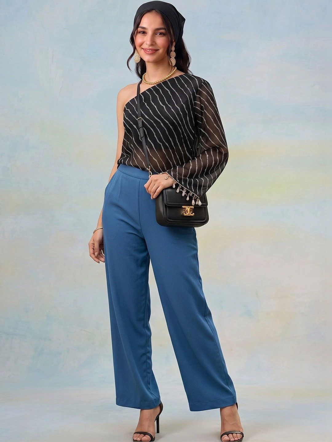 AADVIKA Print One Shoulder Bell Sleeve Top