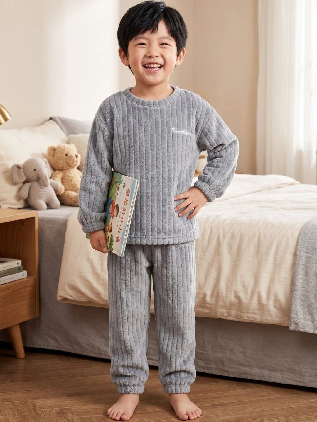 Lugo Kids Unisex Grey Ribbed Full Sleeve Top & Pyjama Set