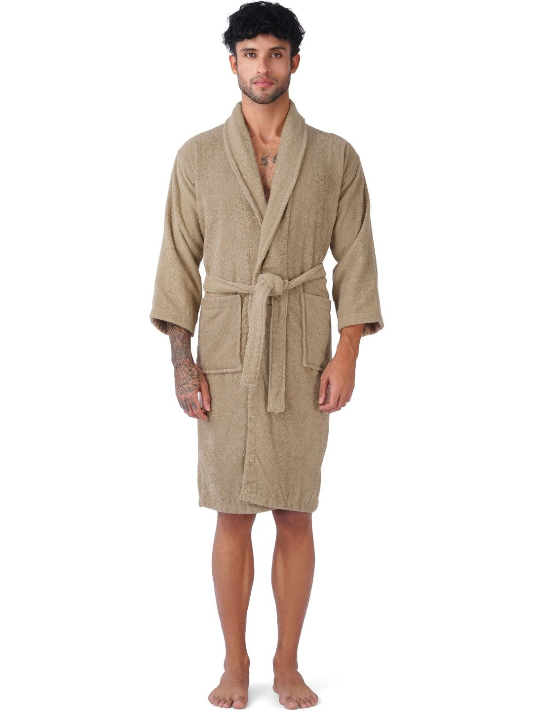 RANGOLI Canningvale, 550 GSM Beige Solid Cotton Drawstring Midi Bath Robe-L