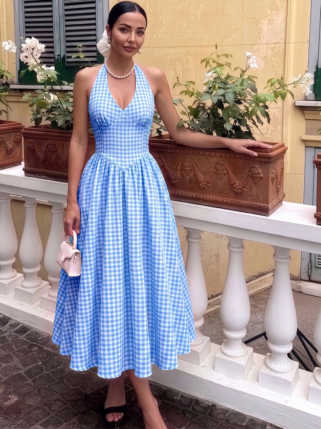 MULVARI Checked Halter Neck Fit & Flare Midi Dress