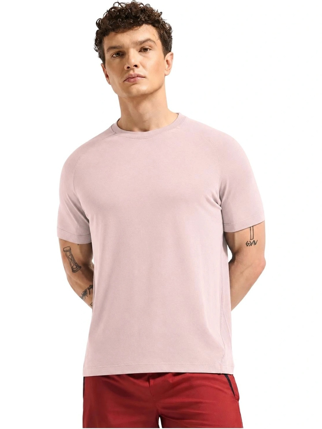 Wellbi Light Pink Bamboo Cotton Raglan Sleeve Round Neck Sports T-shirt for Gym & Running