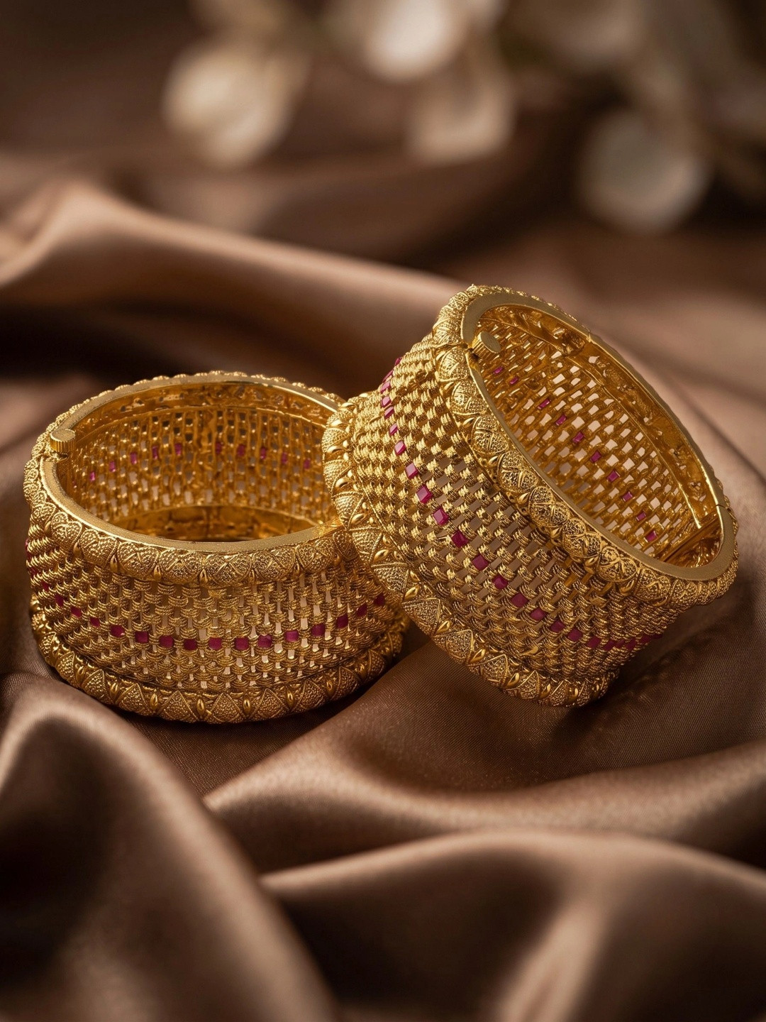 Adwitiya Collection Set of 2 24CT Gold-Plated & Pink Stone-Studded Handcrafted Bangles
