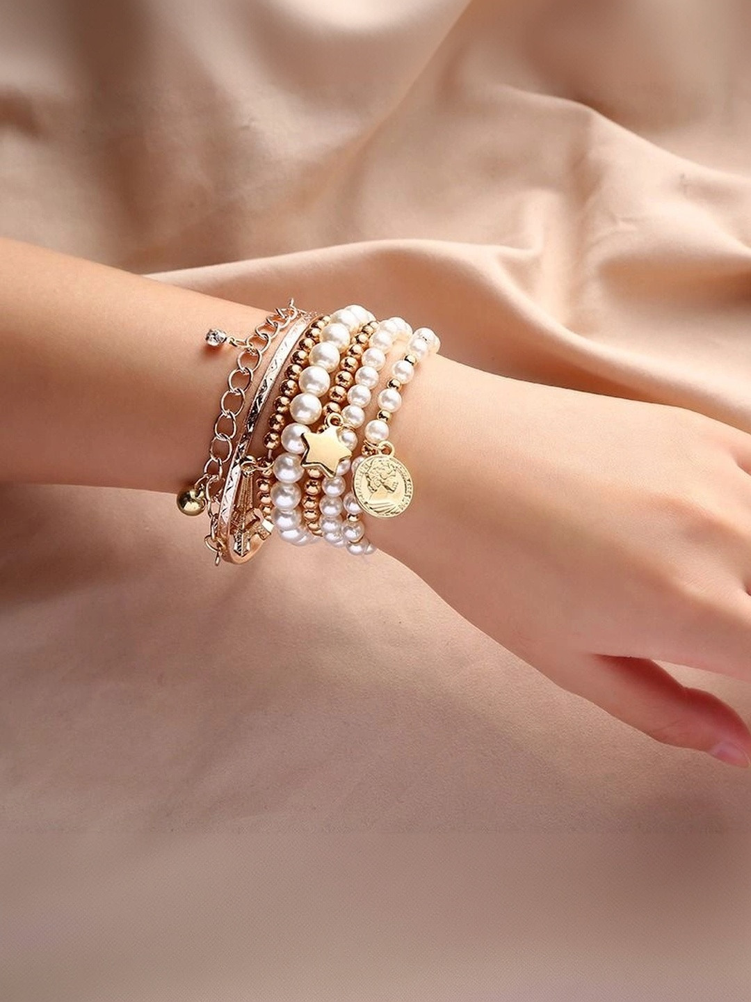 Zaphariq Women 6 Pearls Gold-Plated Multistrand Bracelet