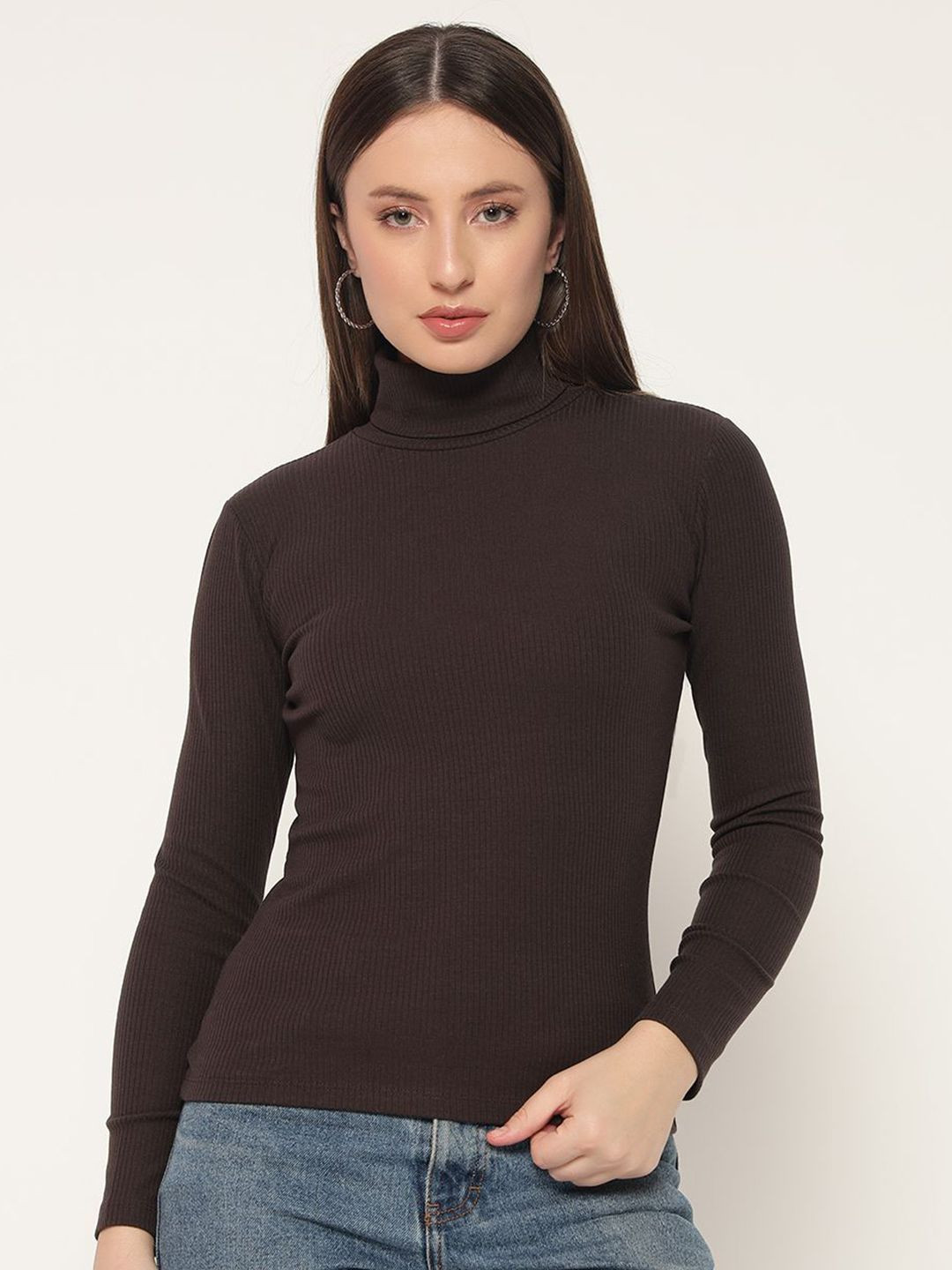 LE BOURGEOIS Women Cotton High Neck Long Sleeves Top