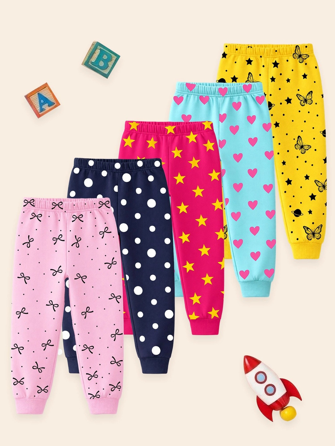 YK Girls Pack Of 5 Printed Mid-Rise Joggers