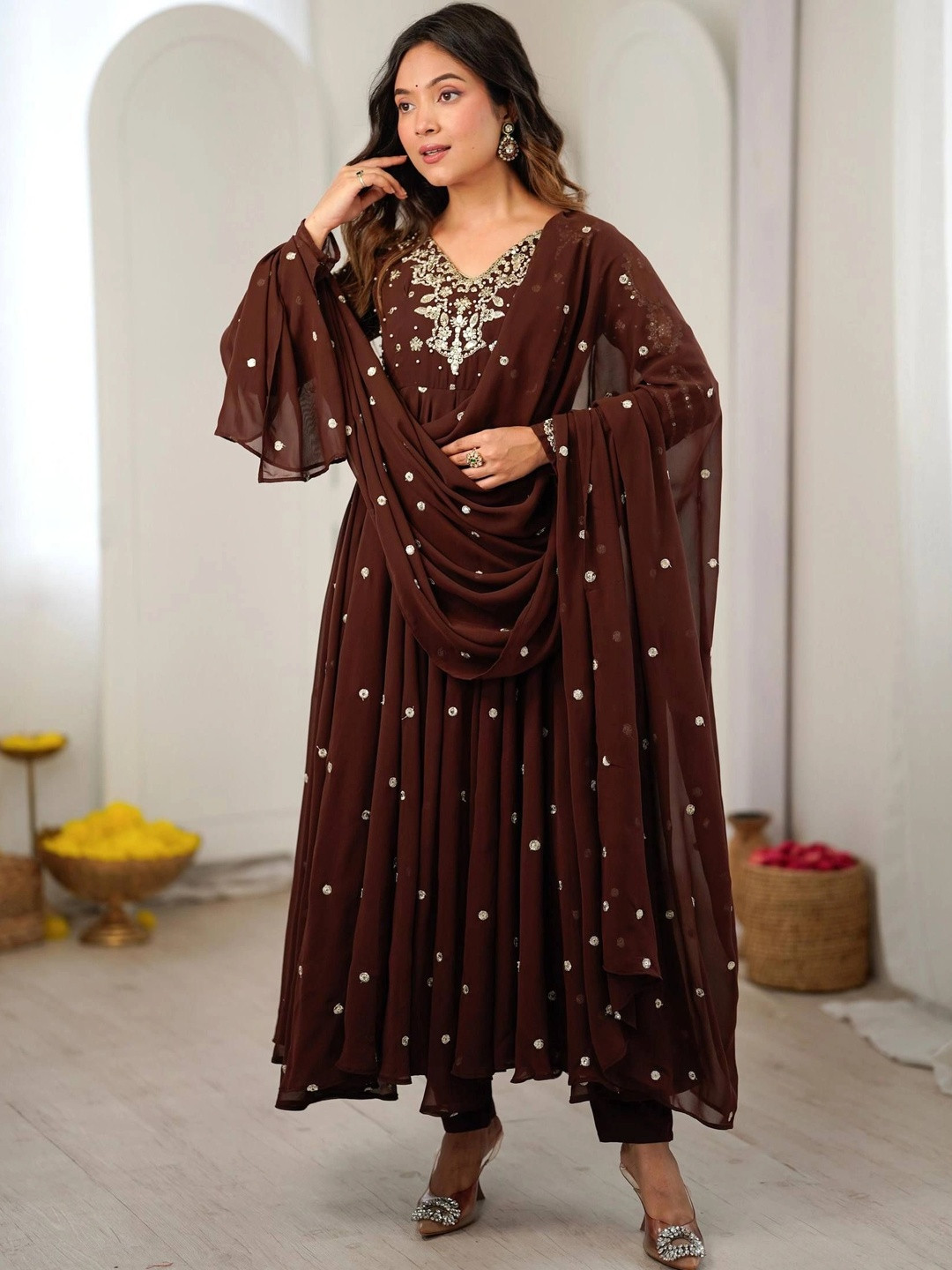 VastraBazaar Women Ethnic Motifs Empire Sequinned Silk Georgette Kurta with Trousers & With Dupatta