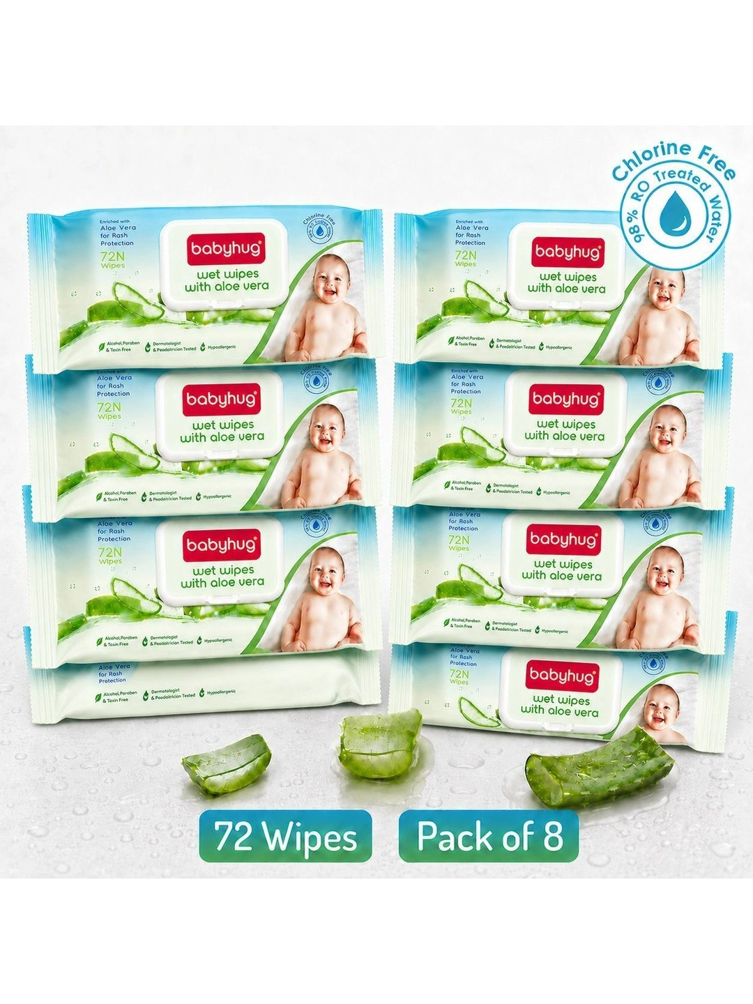 Babyhug Set Of 8 Baby Wet Wipes with Aloe Vera - 72 Pcs Each