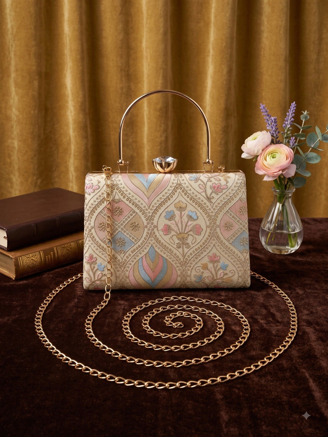 MEYYAS Embroidered Embellished Box Clutch