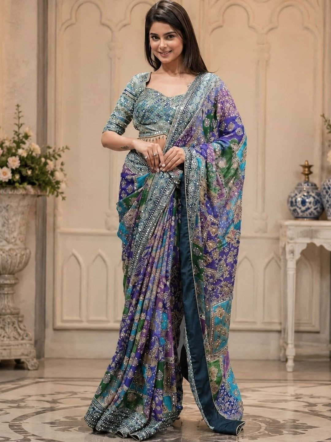 DJV Fashion Floral Mirror Work Silk Blend Saree