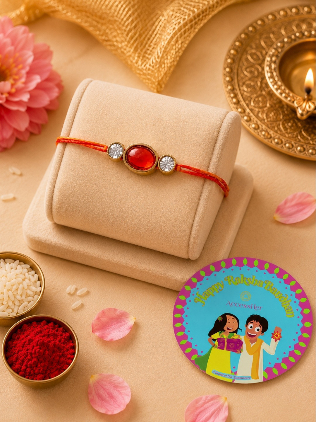Accessher Ruby & Rhinestones Embellished Rakhi with Greeting Card for Brother & Gifting