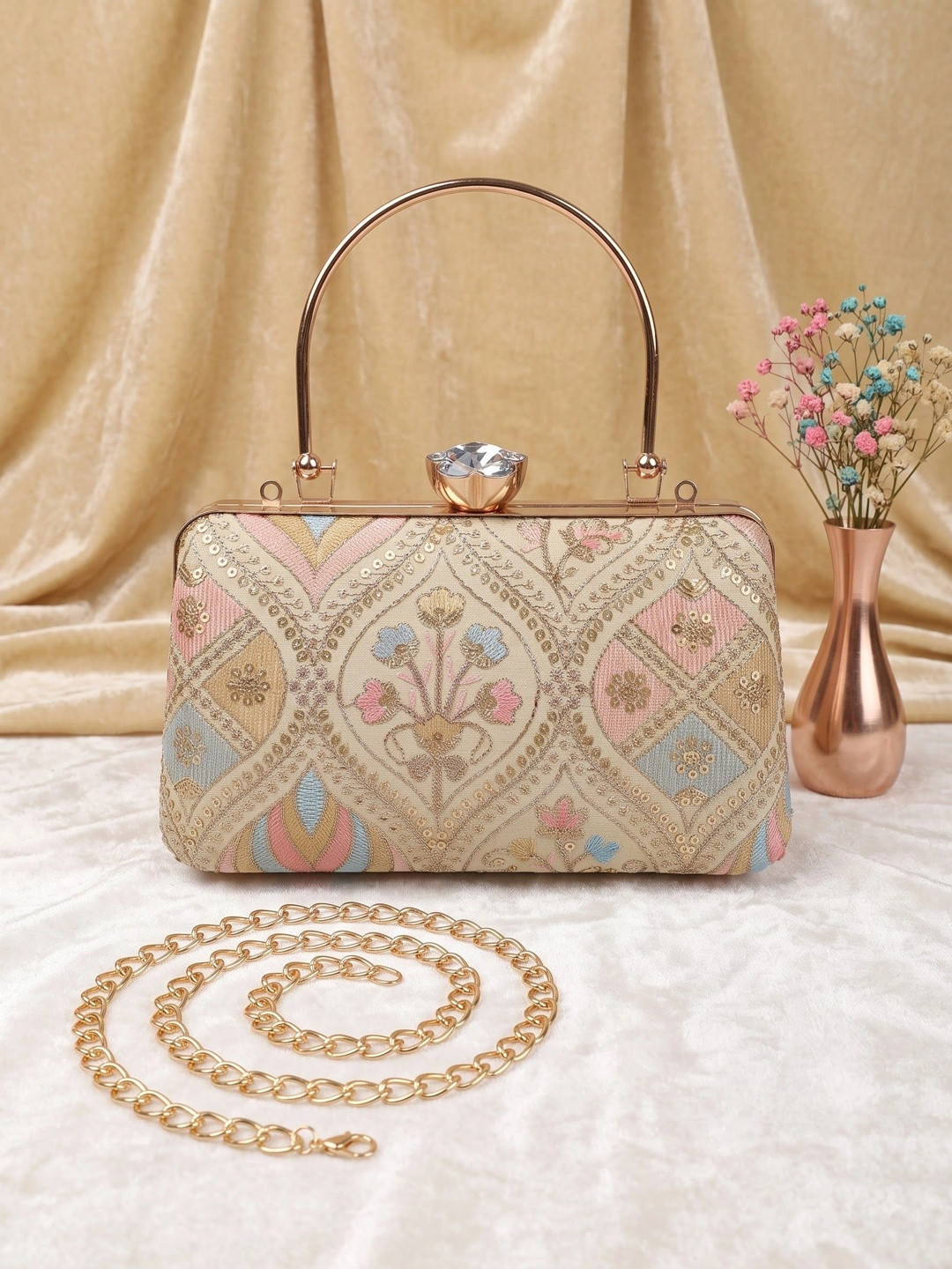 MEYYAS Embroidered Embellished Box Clutch