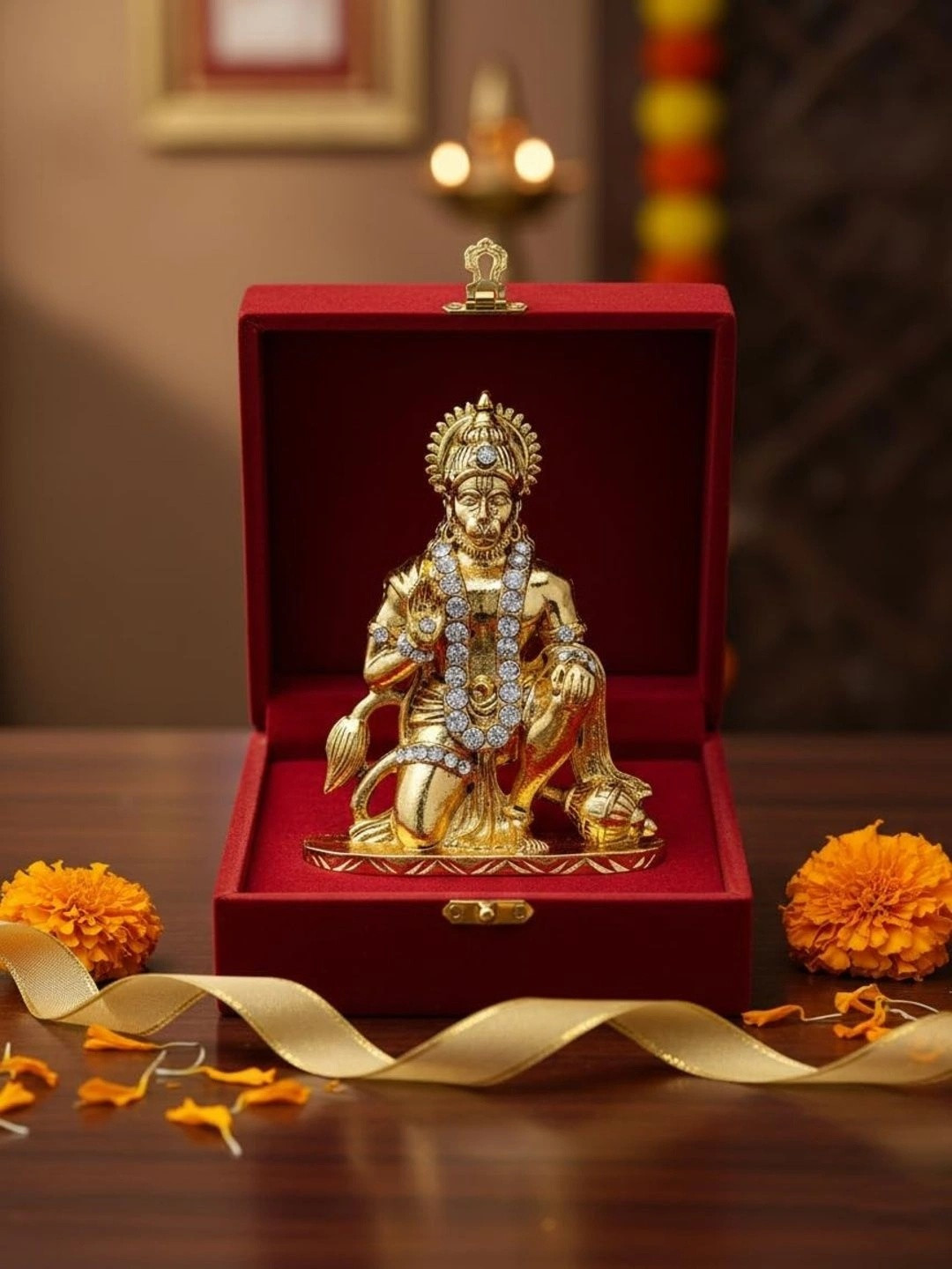 Kulin Gold-Plated & Silver Stone-Studded Lord Hanuman Idol Decorative Showpiece