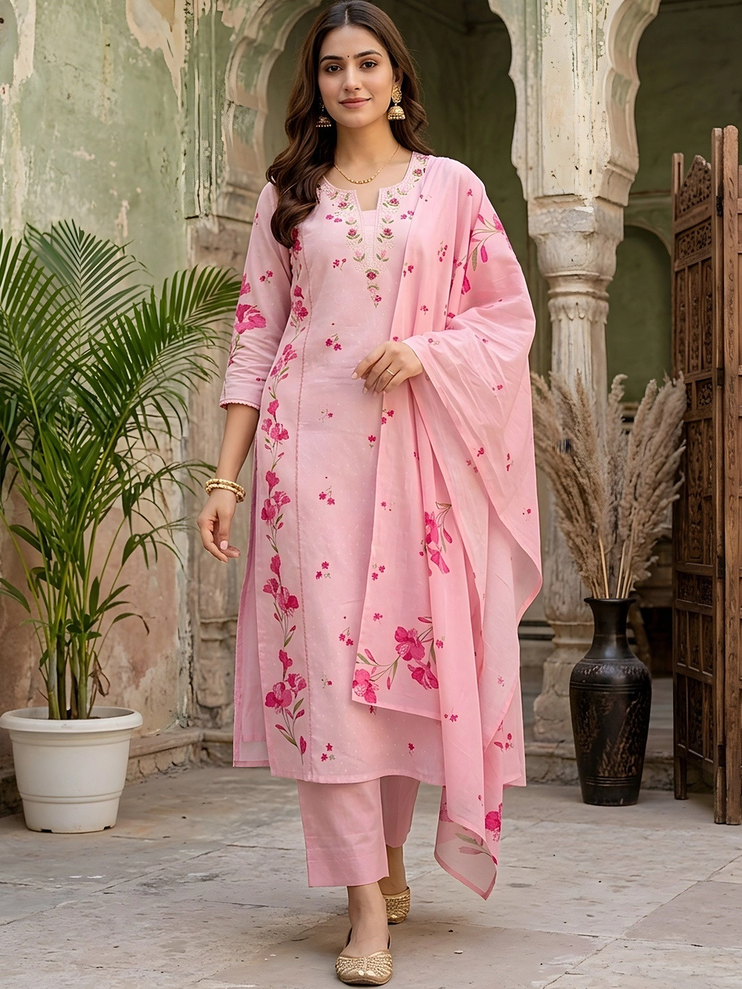 Banwaree Women Floral Printed Work Pure Cotton Kurta with Trousers & With Dupatta