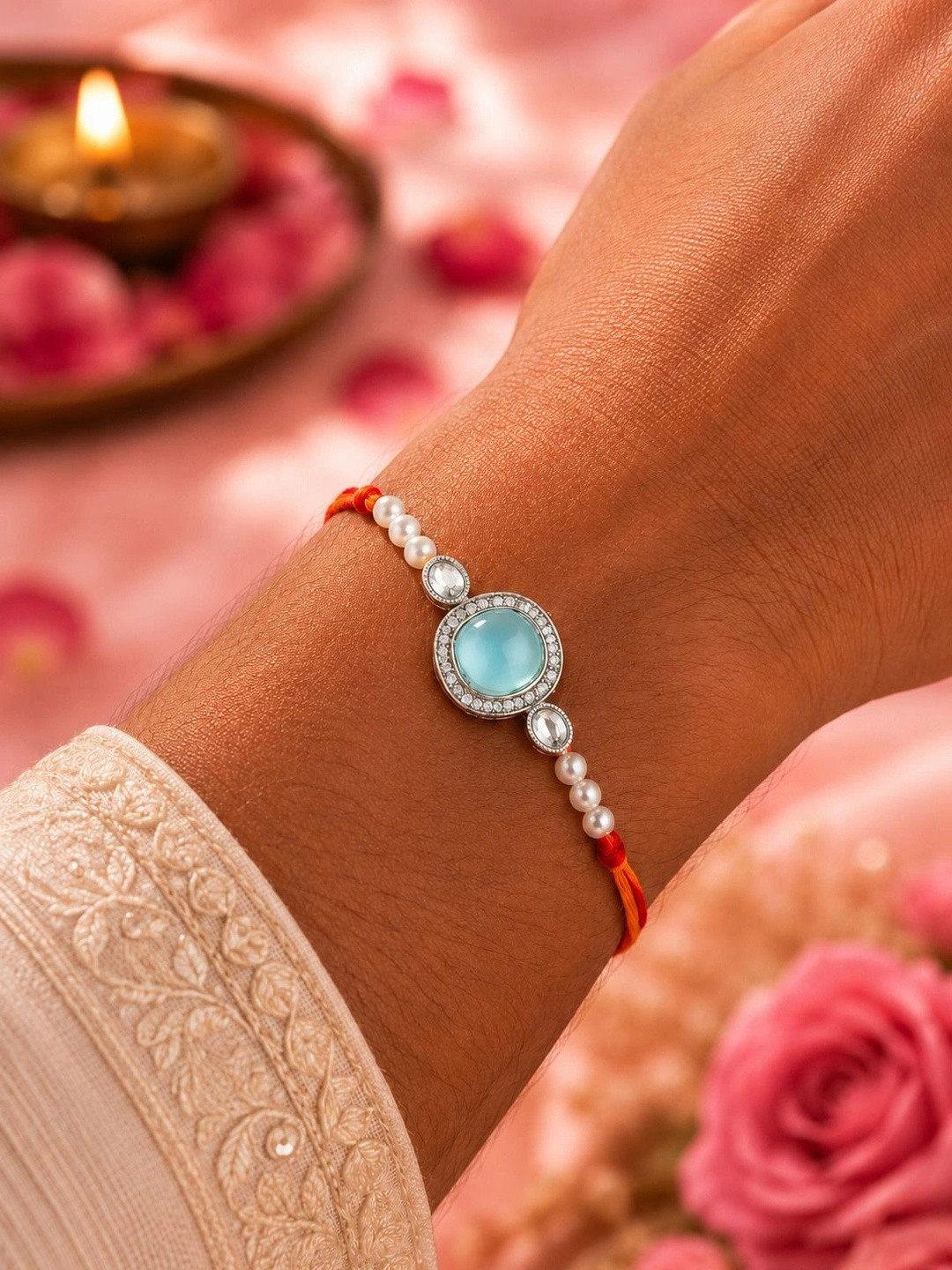 PANASH Silver-Plated Stone-Studded Rakhi With Roli Chawal