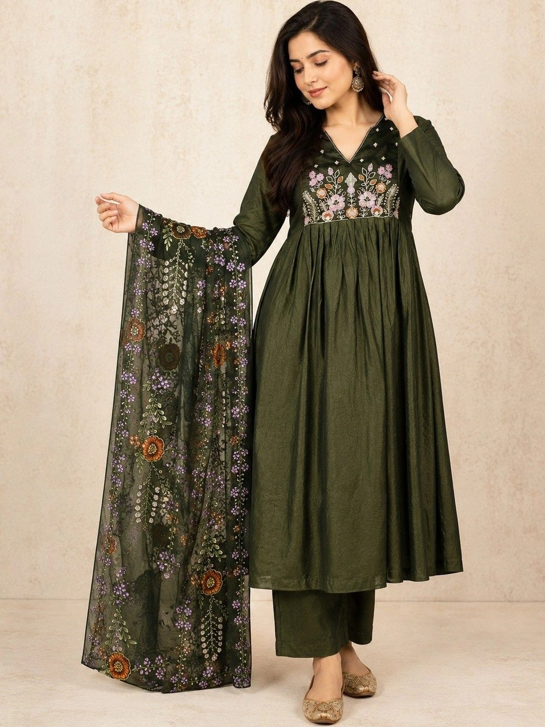 ZARVIKA Women Floral Embroidered Empire Thread Work Kurta with Trousers & With Dupatta
