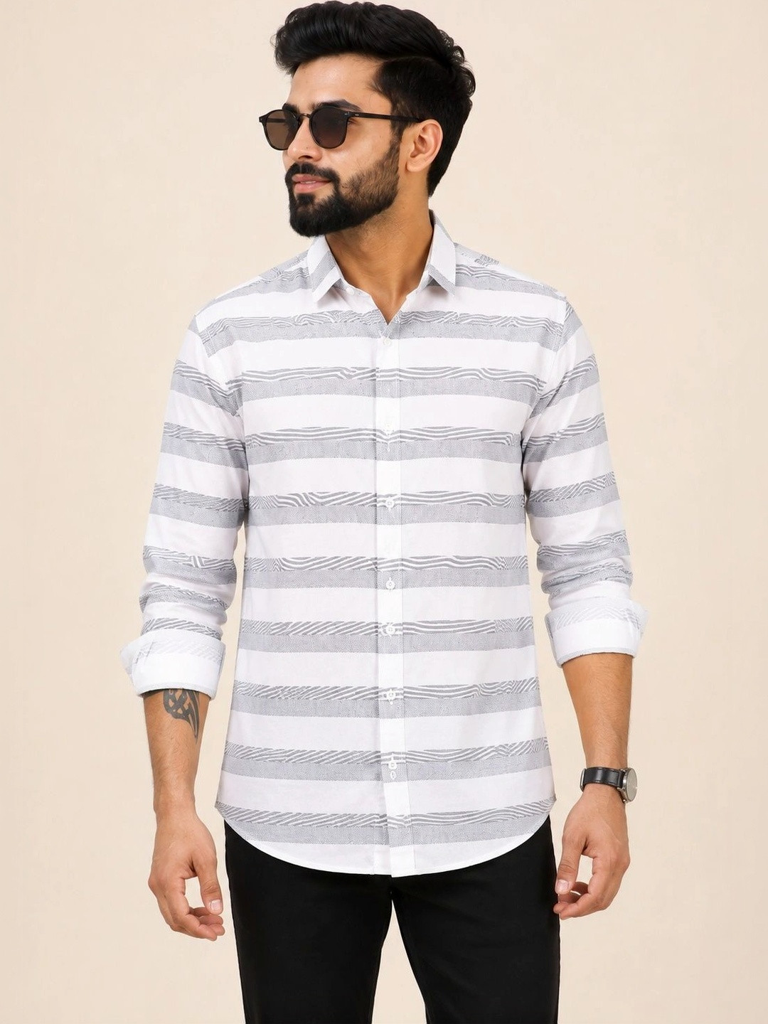 SZN Men Slim Fit Horizontal Stripes Striped Casual Shirt