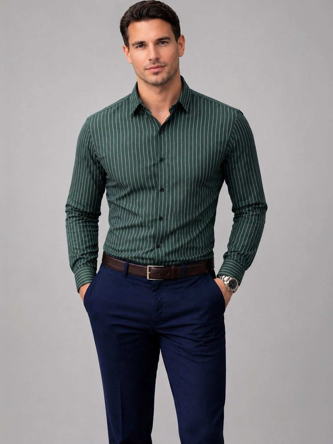 Studio-9 Men Classic Slim Fit Striped Semiformal Shirt