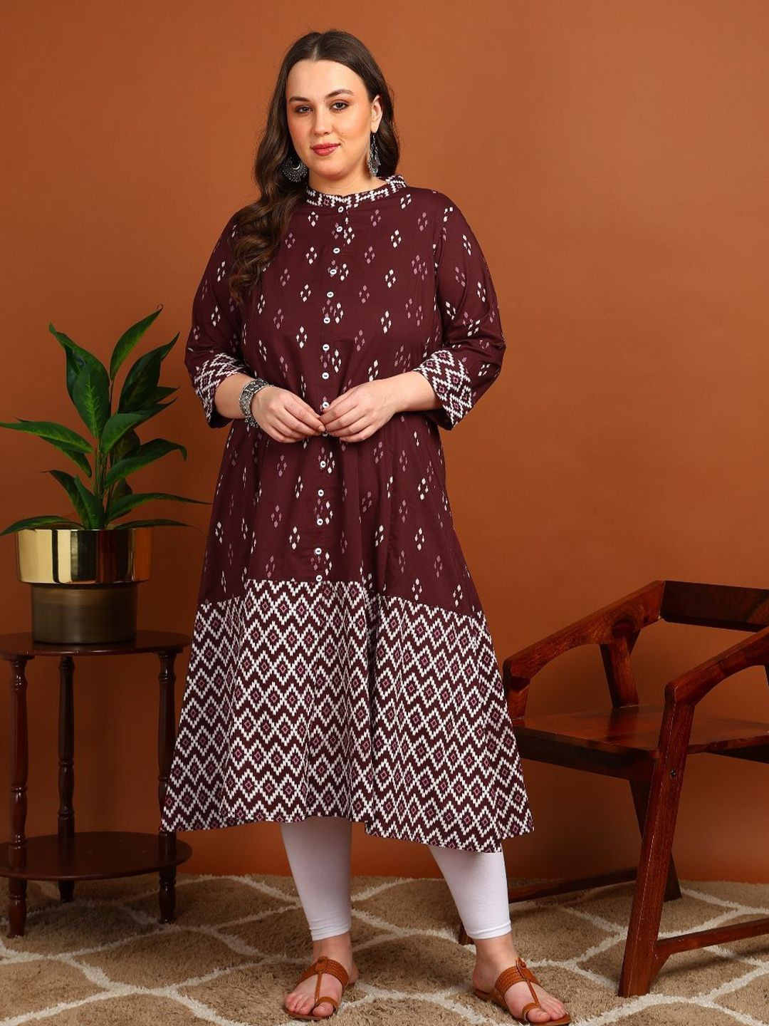 KALINI Geometric Printed Mandarin Collar A Line Pure Cotton Kurta