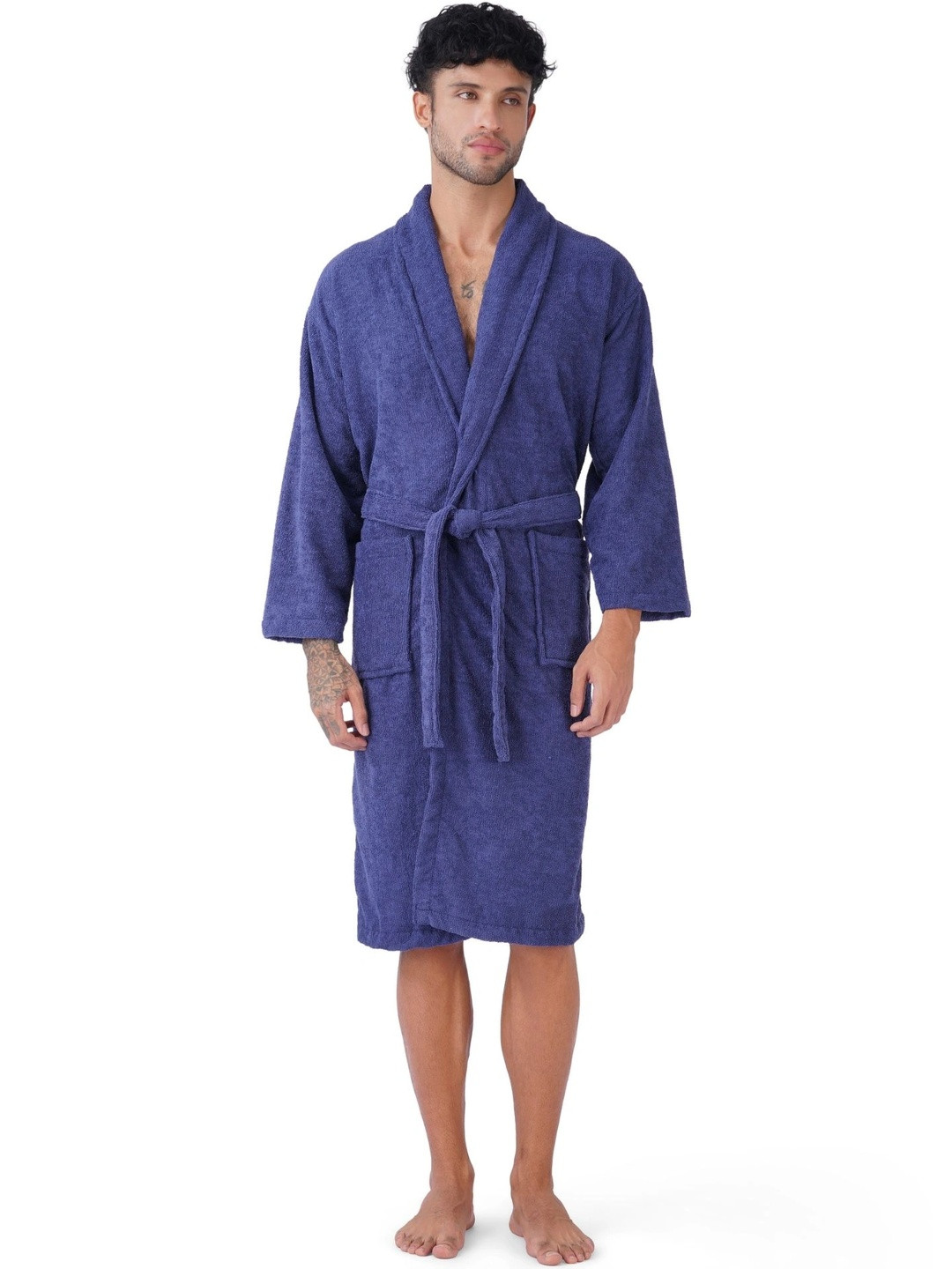 RANGOLI Navy Blue Solid Canningvale 550 GSM Cotton Drawstring Midi Bath Robe