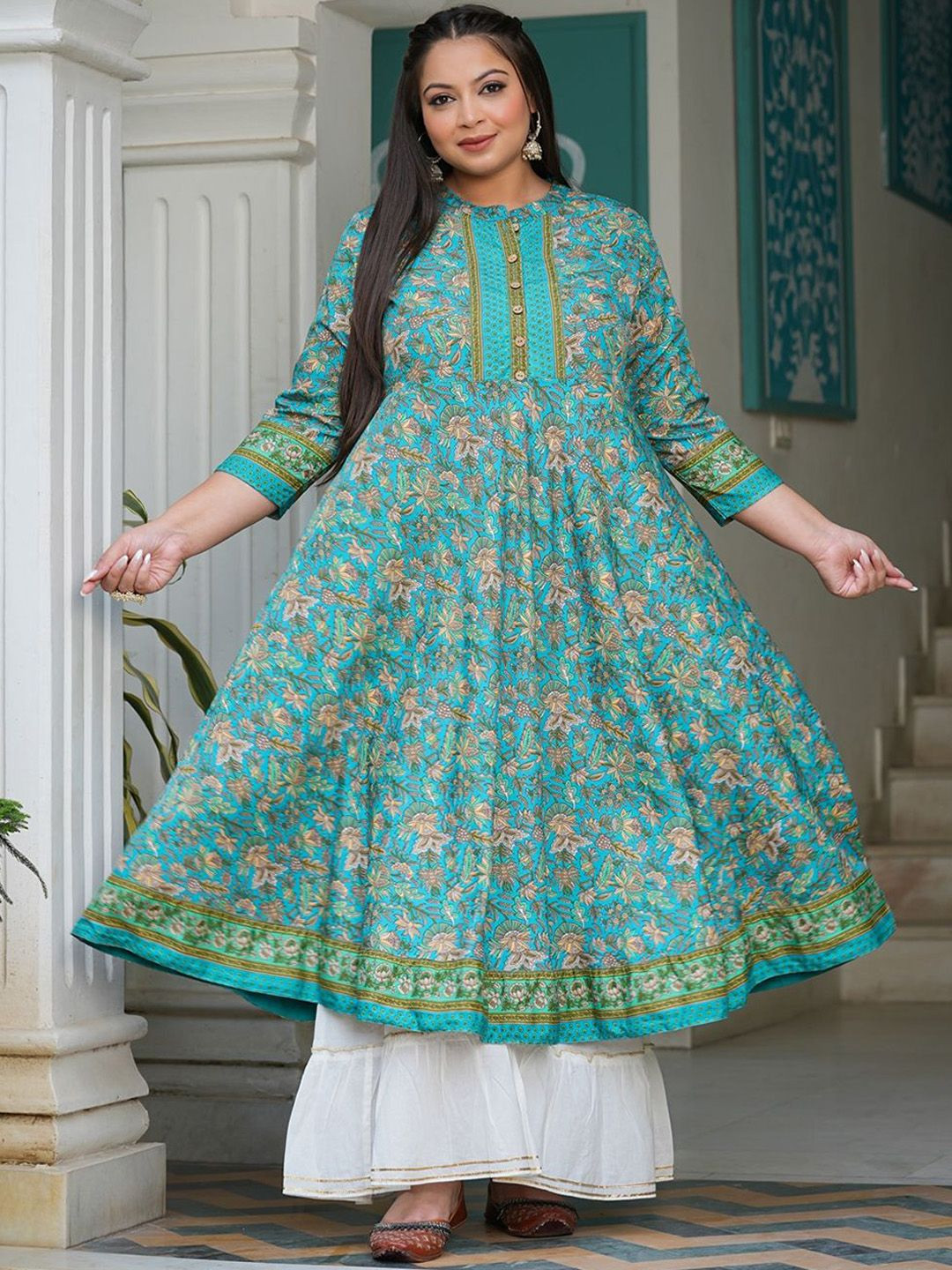 KALINI Plus Size Floral Printed Mandarin Collar Anarkali Kurta