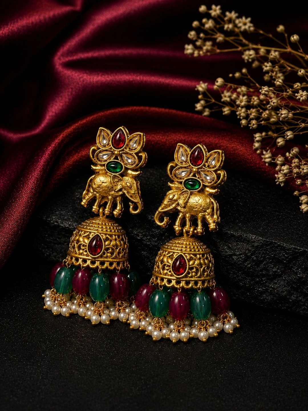 PANASH Gold Plated Artificial Stone Studded & Beaded Dome Shaped Jhumkas