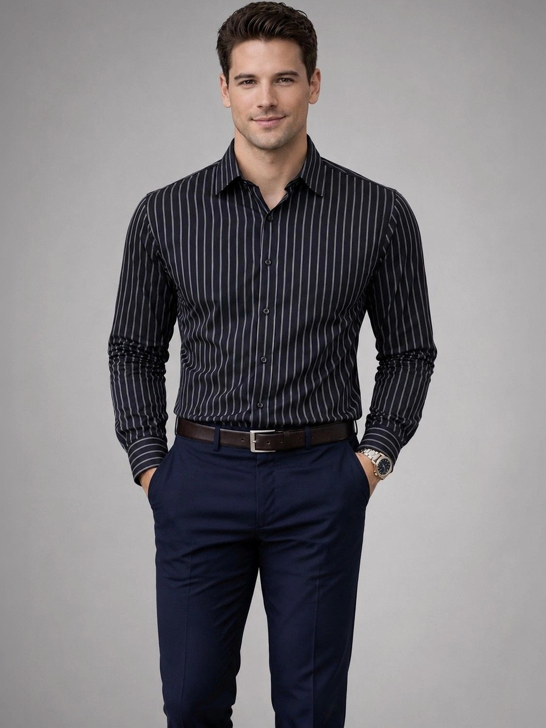 Studio-9 Men Classic Slim Fit Striped Semiformal Shirt