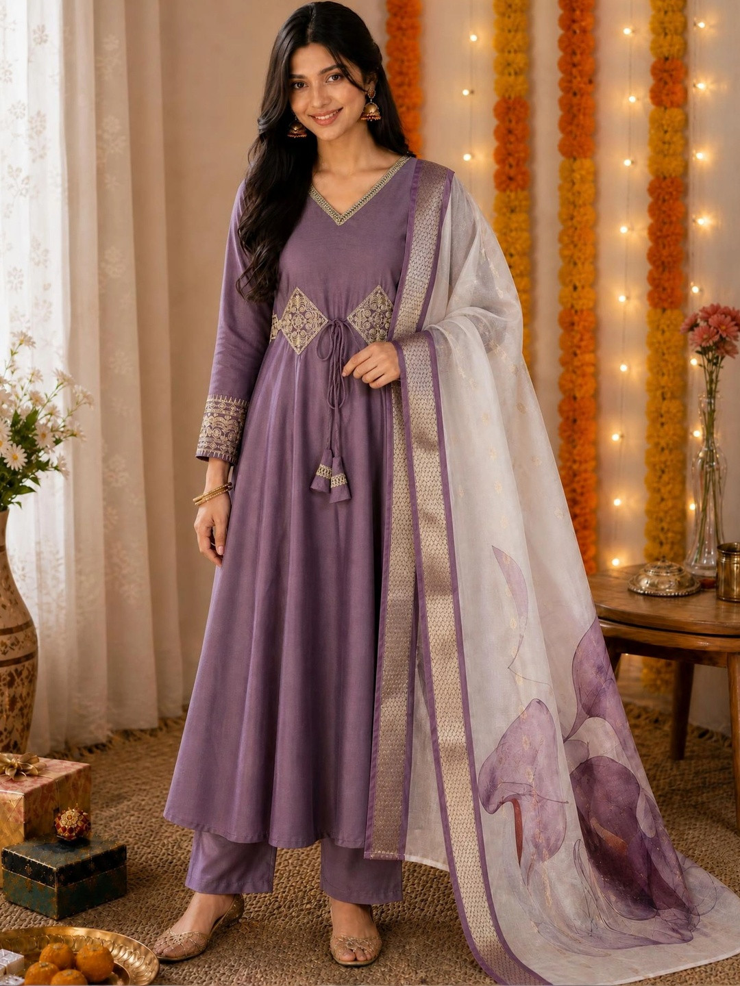KALINI Women Ethnic Motifs Embroidered Empire Kurta with Trousers & With Dupatta