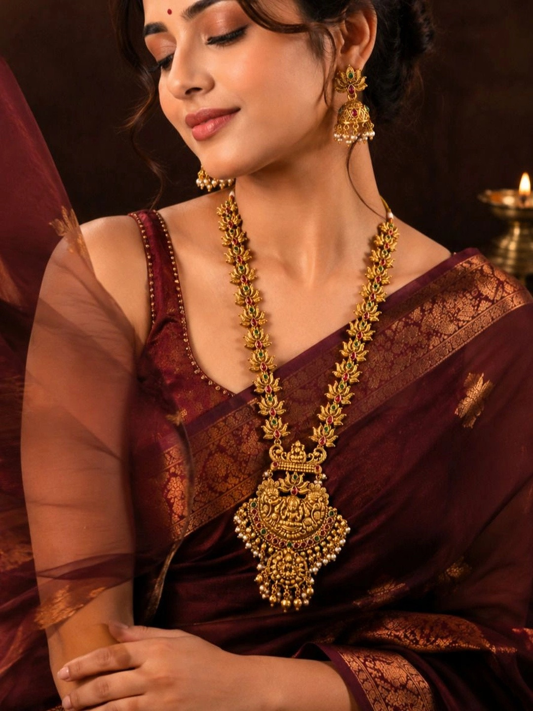PANASH Gold-Plated Kundan Stone Studded & Beaded Laxmi Design Jewellery Set