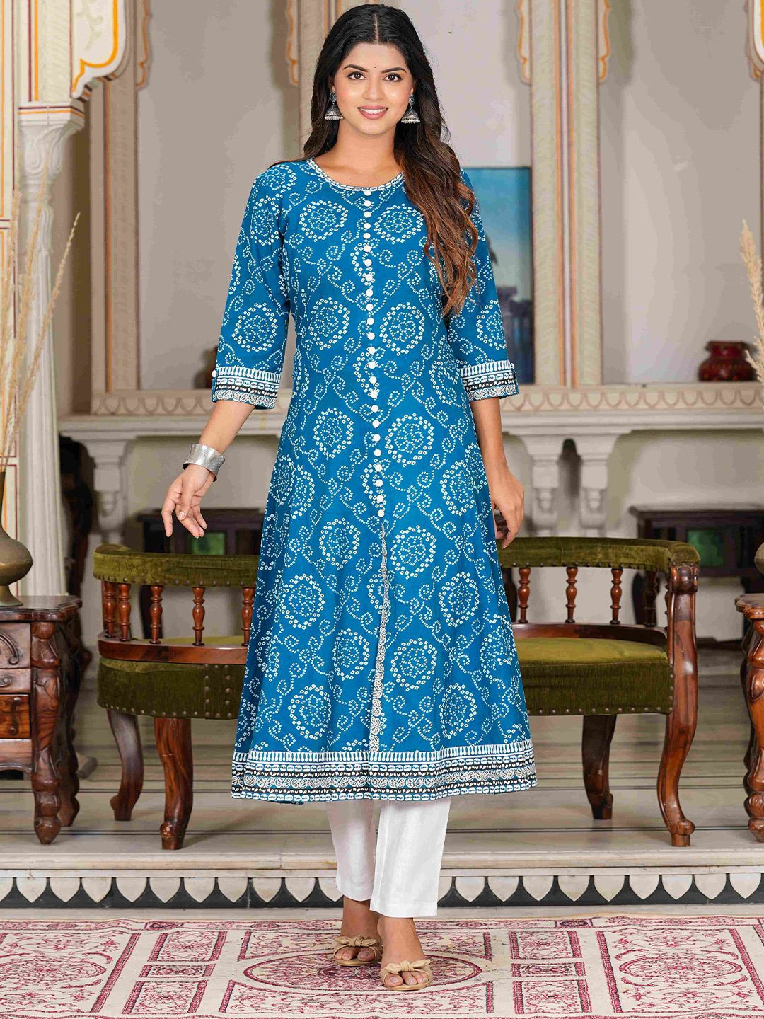 KALINI Bandhani Printed Cotton A-Line Kurta