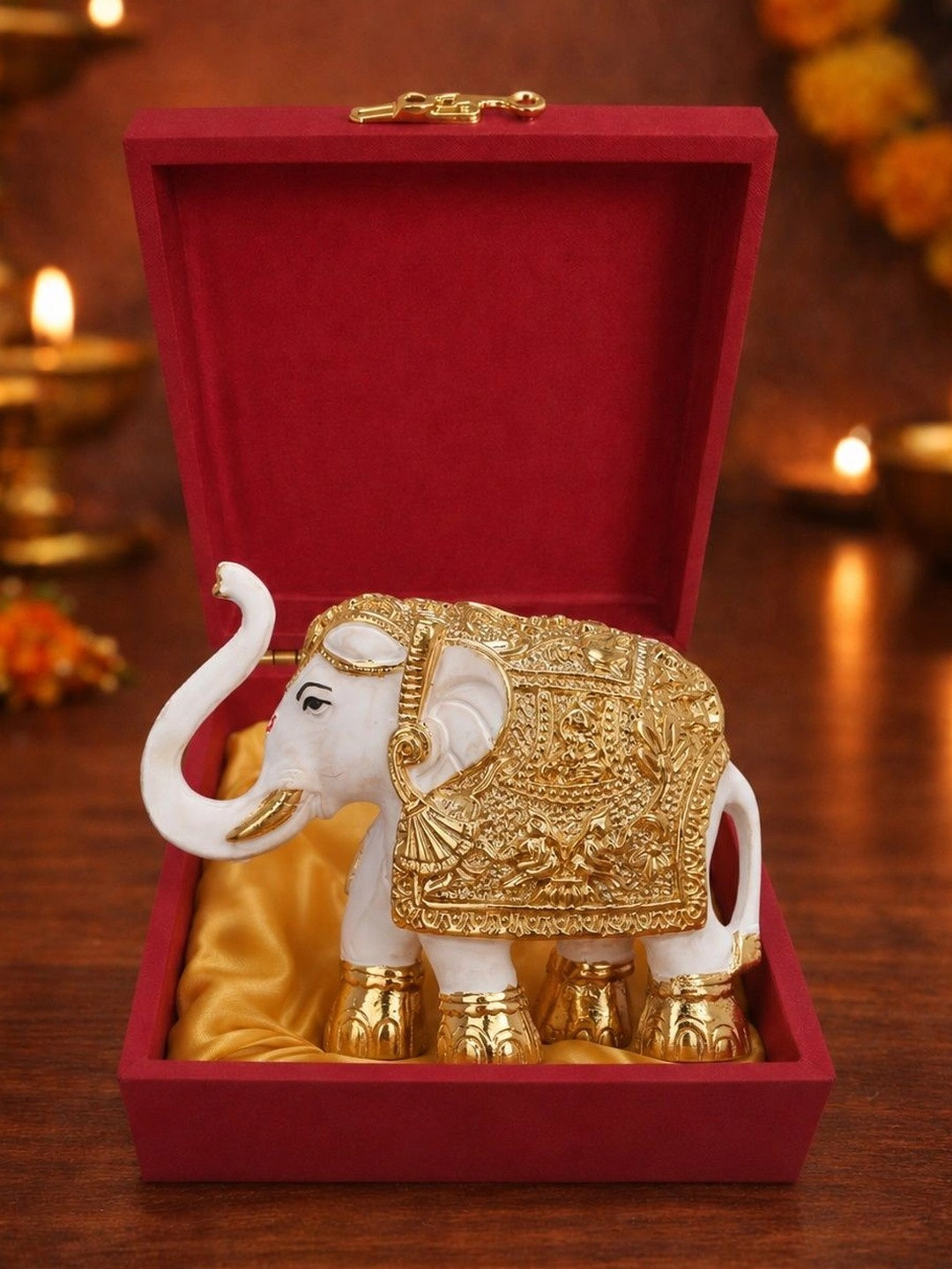 Funku Fashion Elephant White Polyresin Metallic Living Room Small Showpiece - 3 Inches